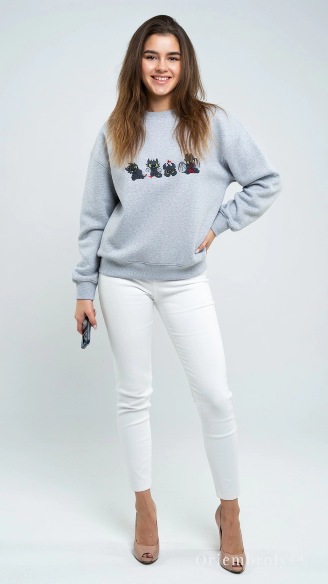 four embroidered dragon poses across sweatshirt chest