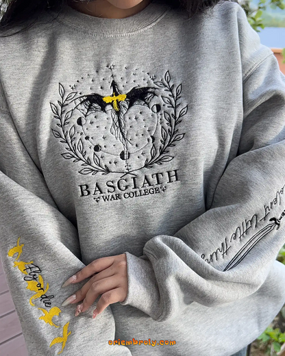 Textured embroidery detail on bookish fan crewneck