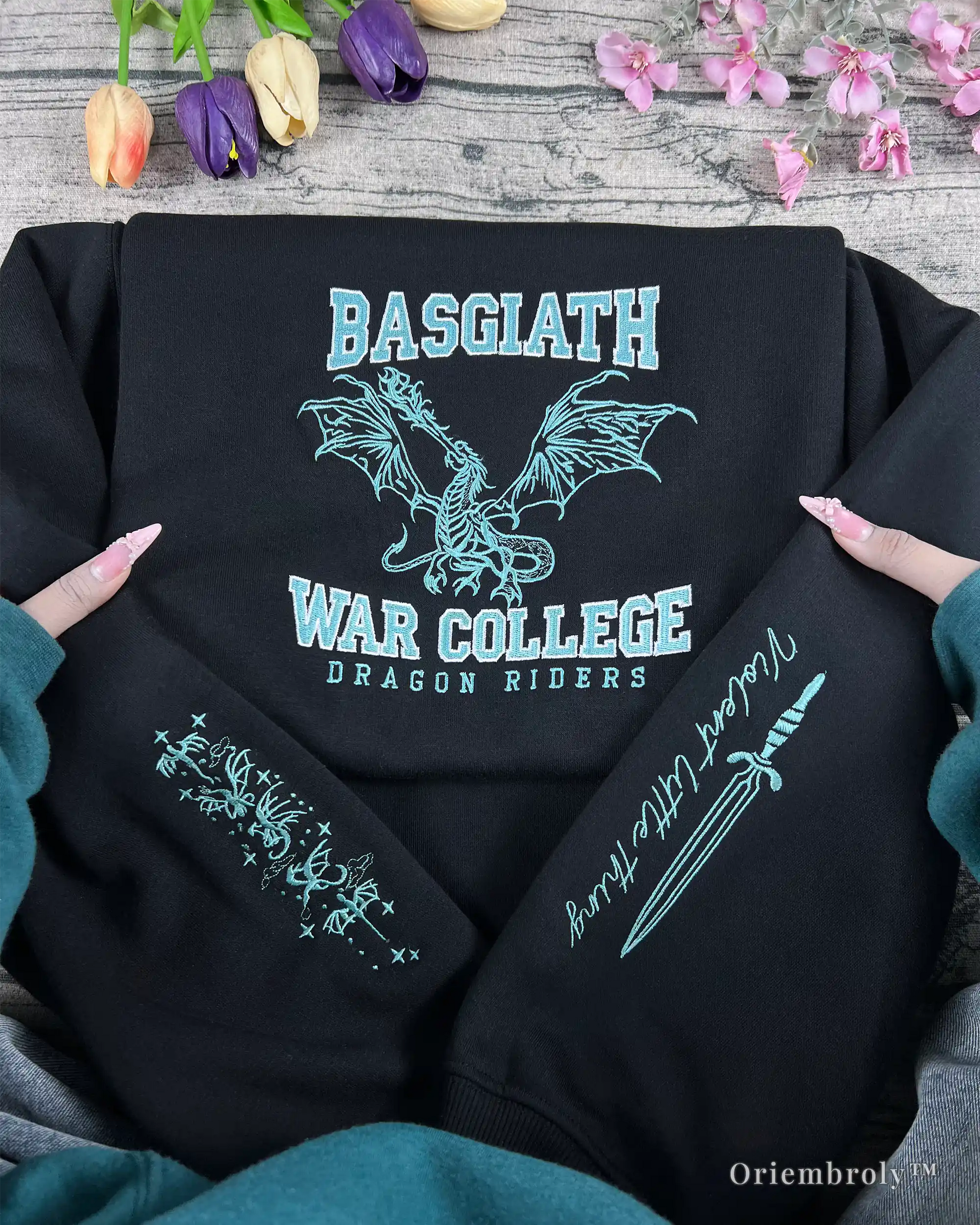 detailed satin stitch dragon embroidery fantasy sweatshirt