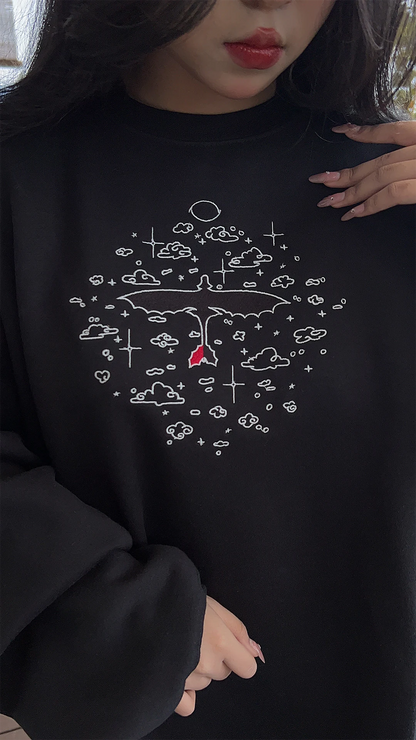 Black crewneck sweatshirt with dragon and cloud embroidery