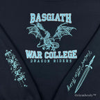 close up dragon rider embroidery on black crewneck