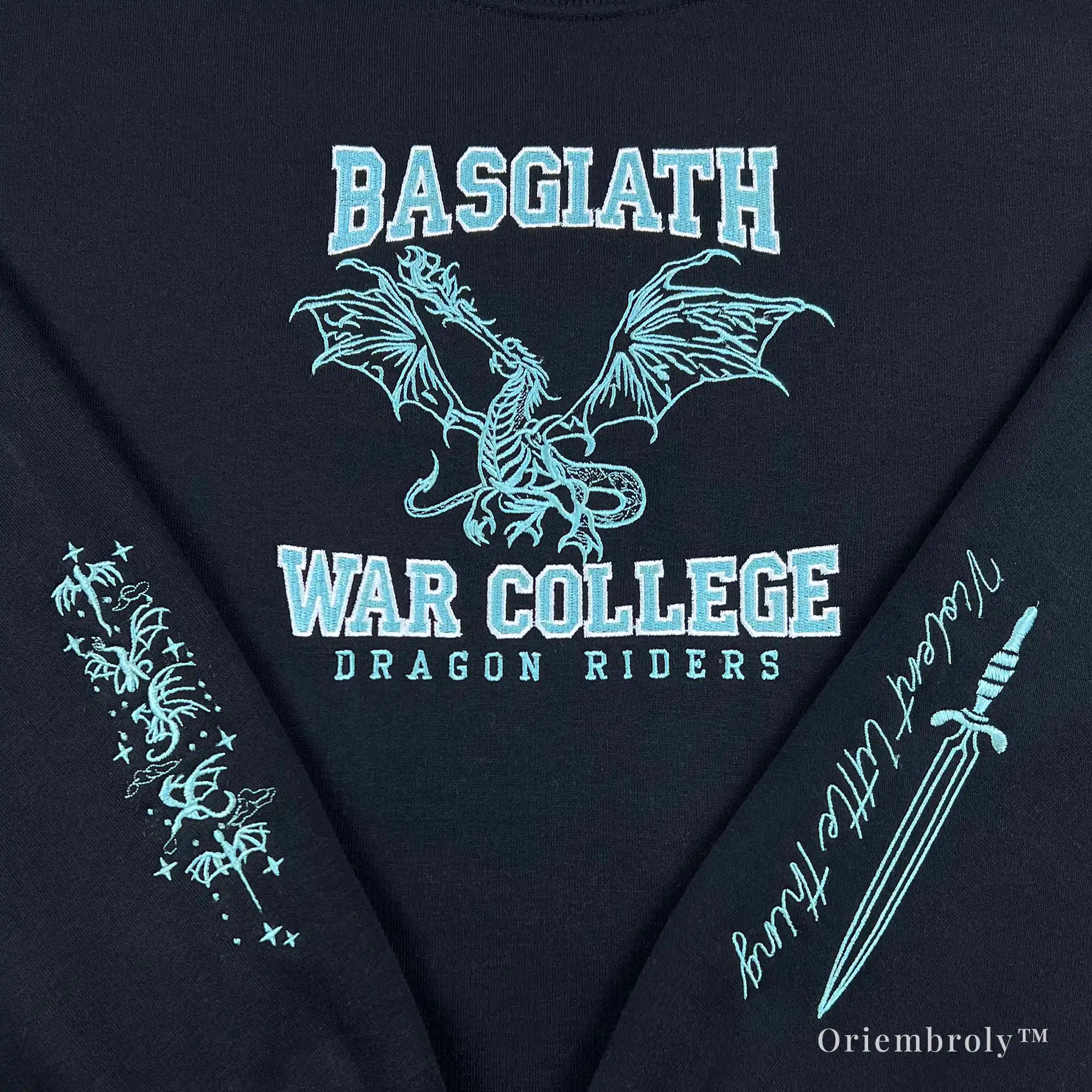 close up dragon rider embroidery on black crewneck