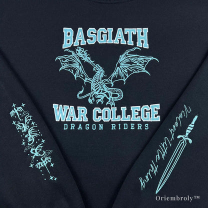 close up dragon rider embroidery on black crewneck