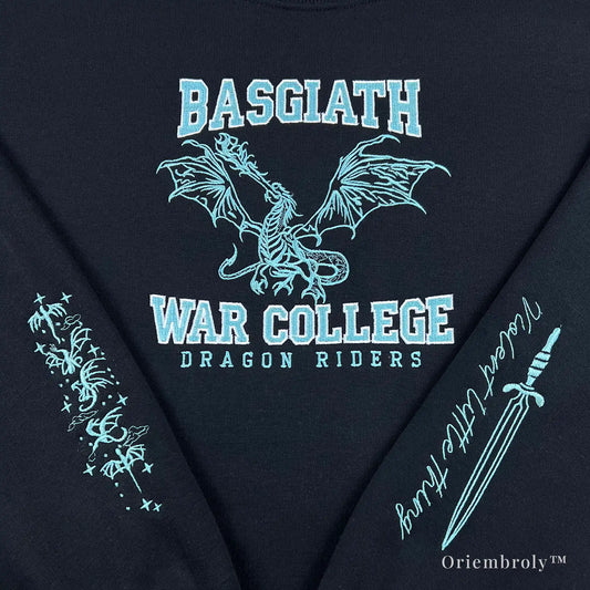 close up dragon rider embroidery on black crewneck