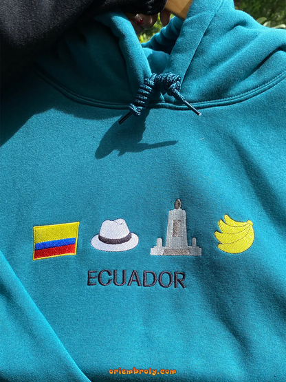 Embroidered Ecuador flag and icons hoodie unisex fit