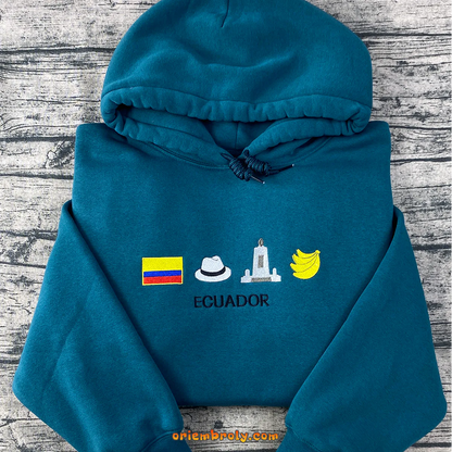 Ecuador heritage teal hoodie with embroidered national symbols