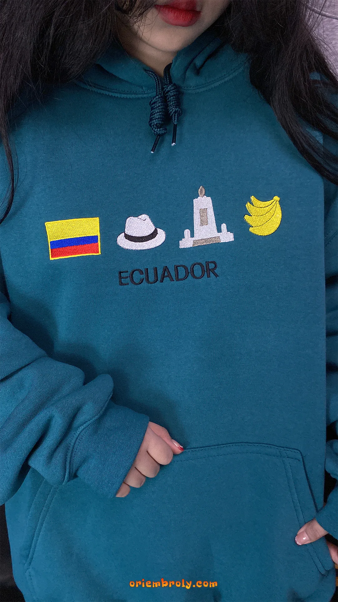 Teal Ecuador pullover hoodie with embroidered landmarks