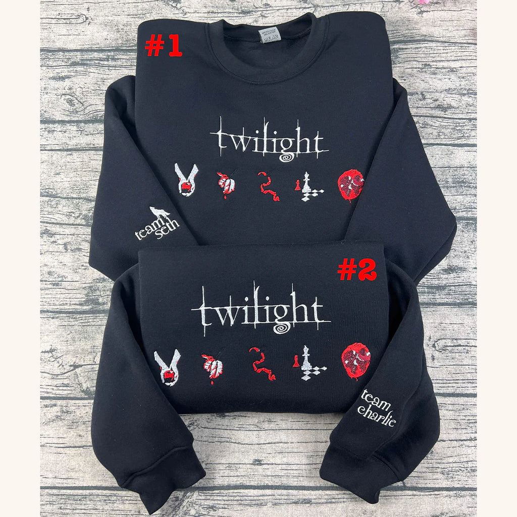 Custom embroidered Twilight sweatshirt with vampire book theme