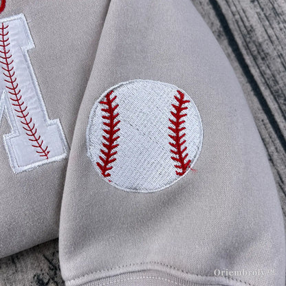 embroidered baseball icon on sleeve detail