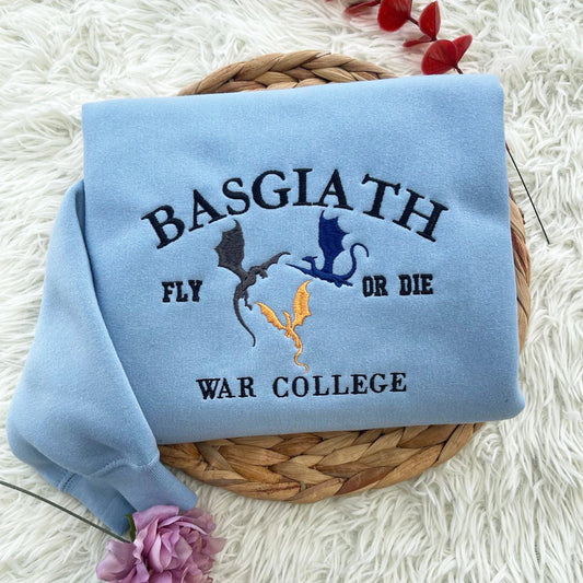 Embroidered Basgiath War College sweatshirt inspired by Fourth Wing, perfect for book lovers and dragon rider fans.