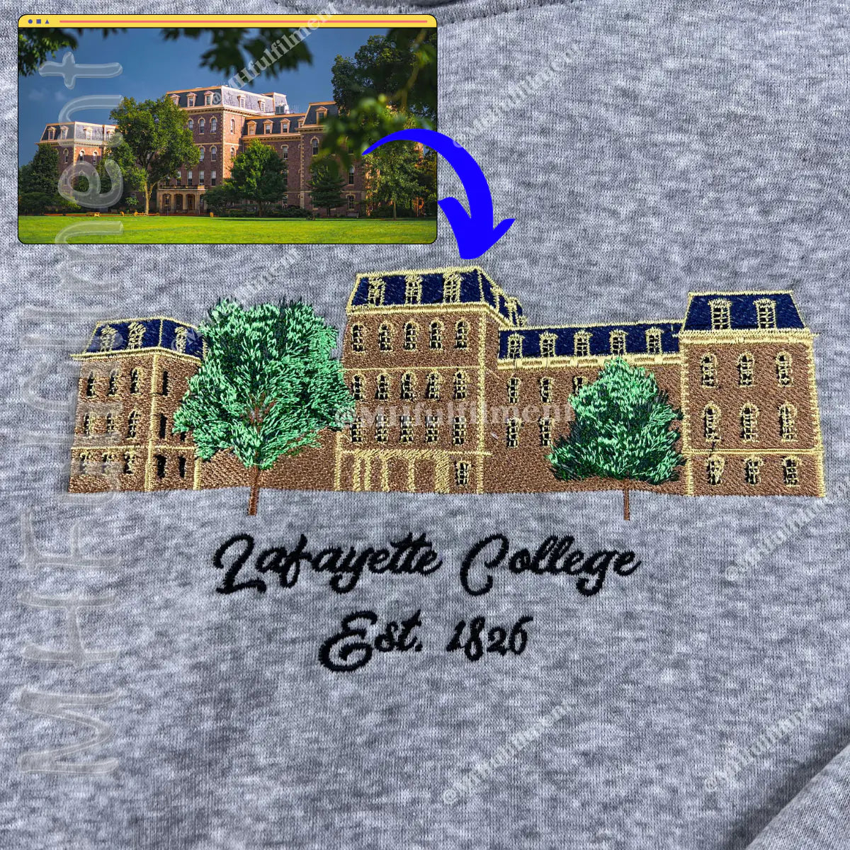 Front view of personalized university embroidered sweatshirt with building sketch