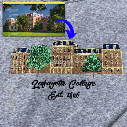 Front view of personalized university embroidered sweatshirt with building sketch