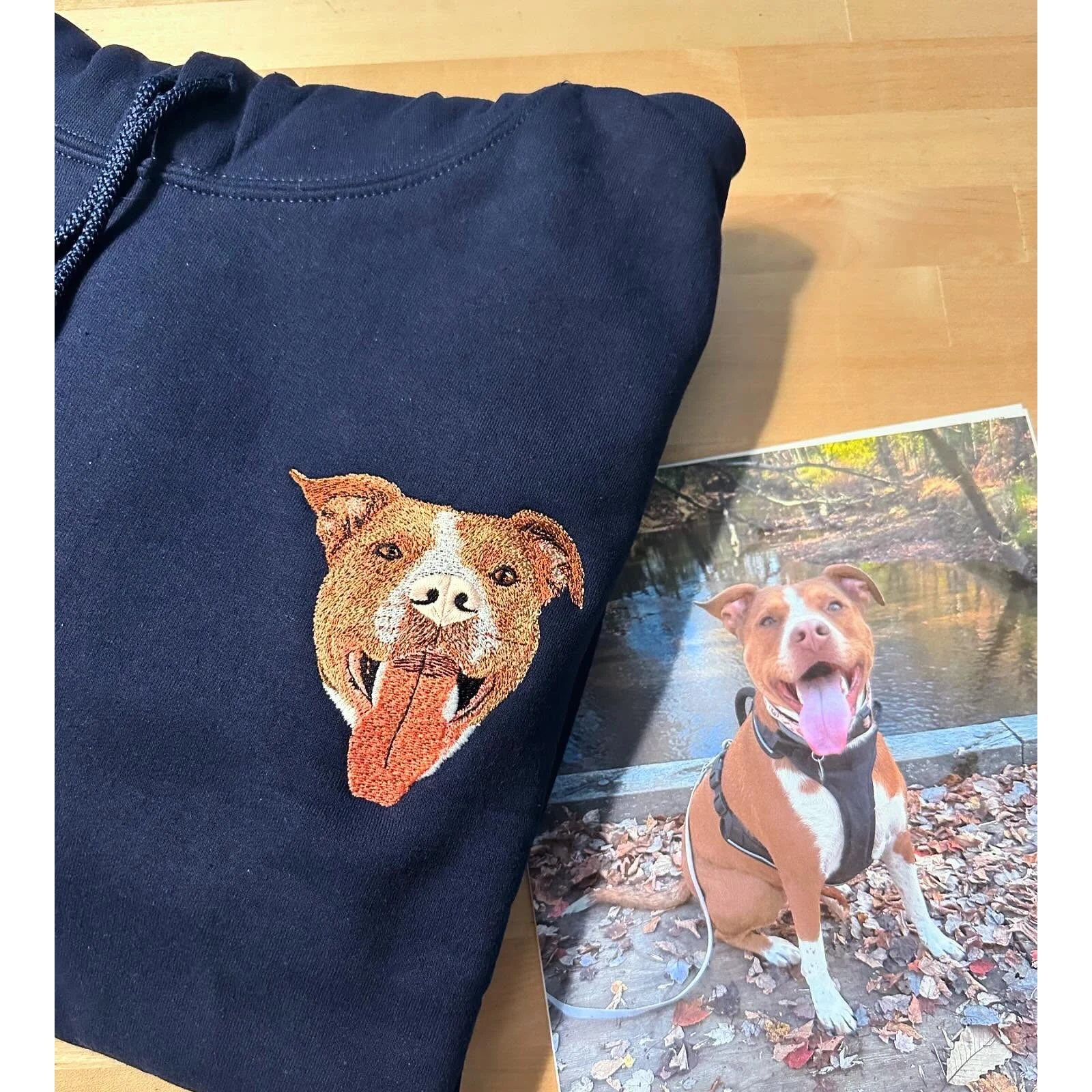 Embroidered custom dog sweatshirt with personalized pet portrait