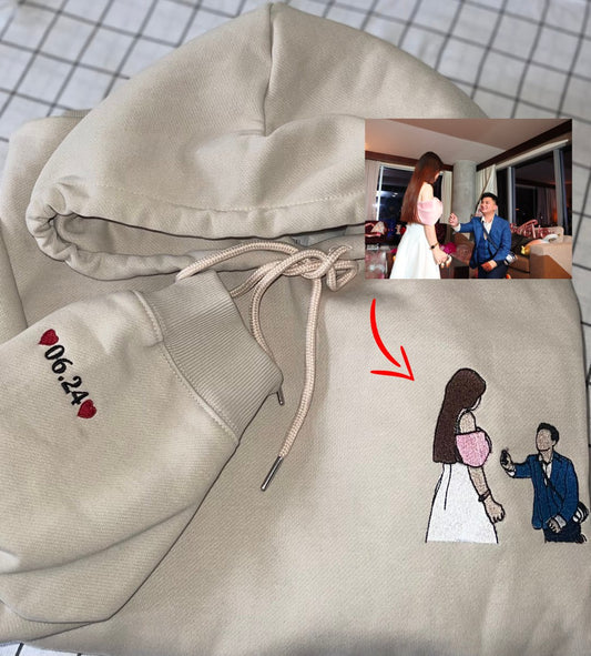 Custom portrait embroidered on sweatshirt, perfect for couple hoodies and wedding gifts.