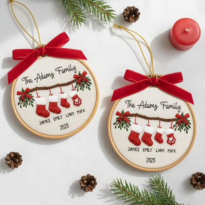 Family Christmas ornament hanging on tree