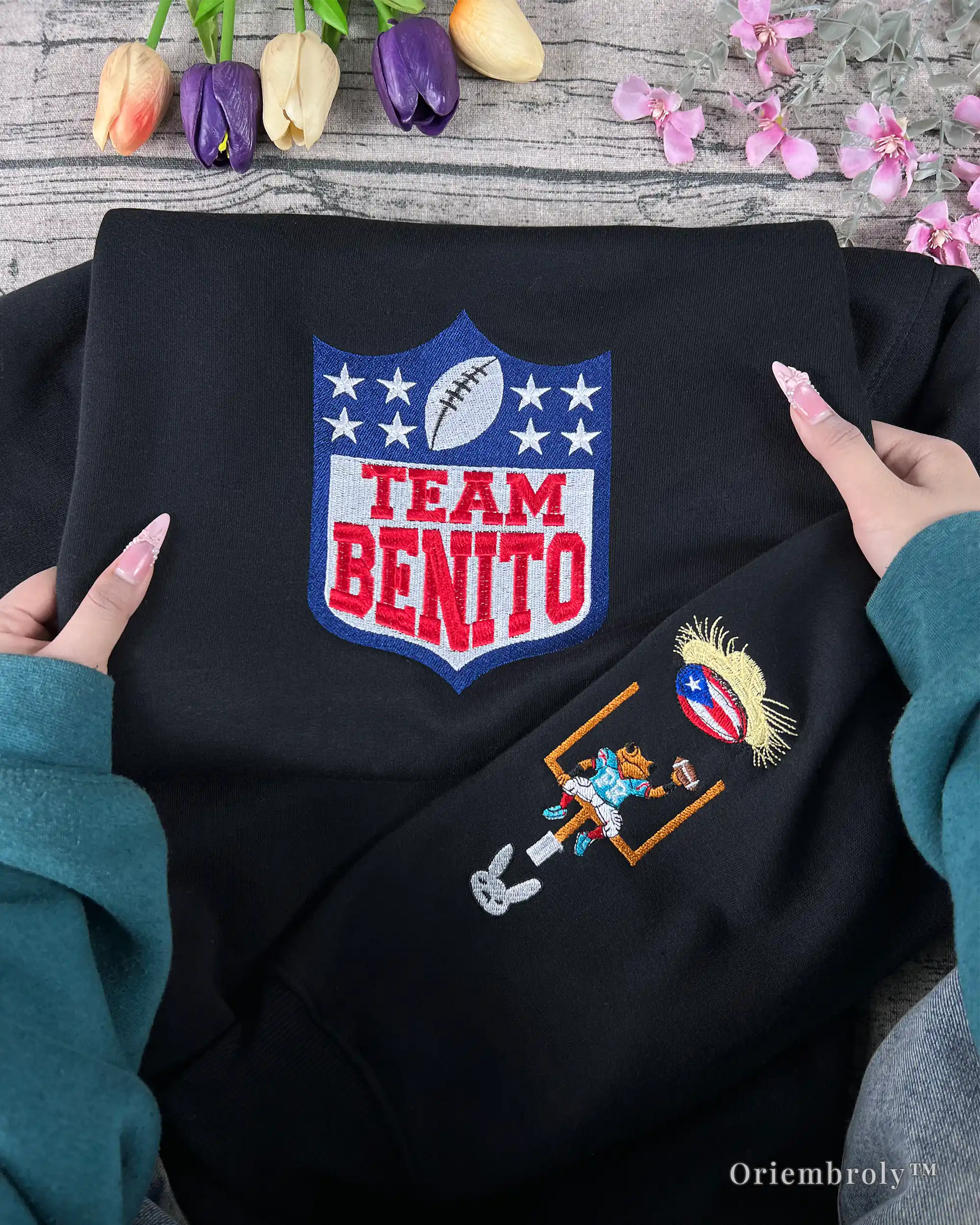 vintage embroidered football fan crewneck sweatshirt flat lay
