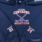 embroidered hockey hoodie with sticks and puck design