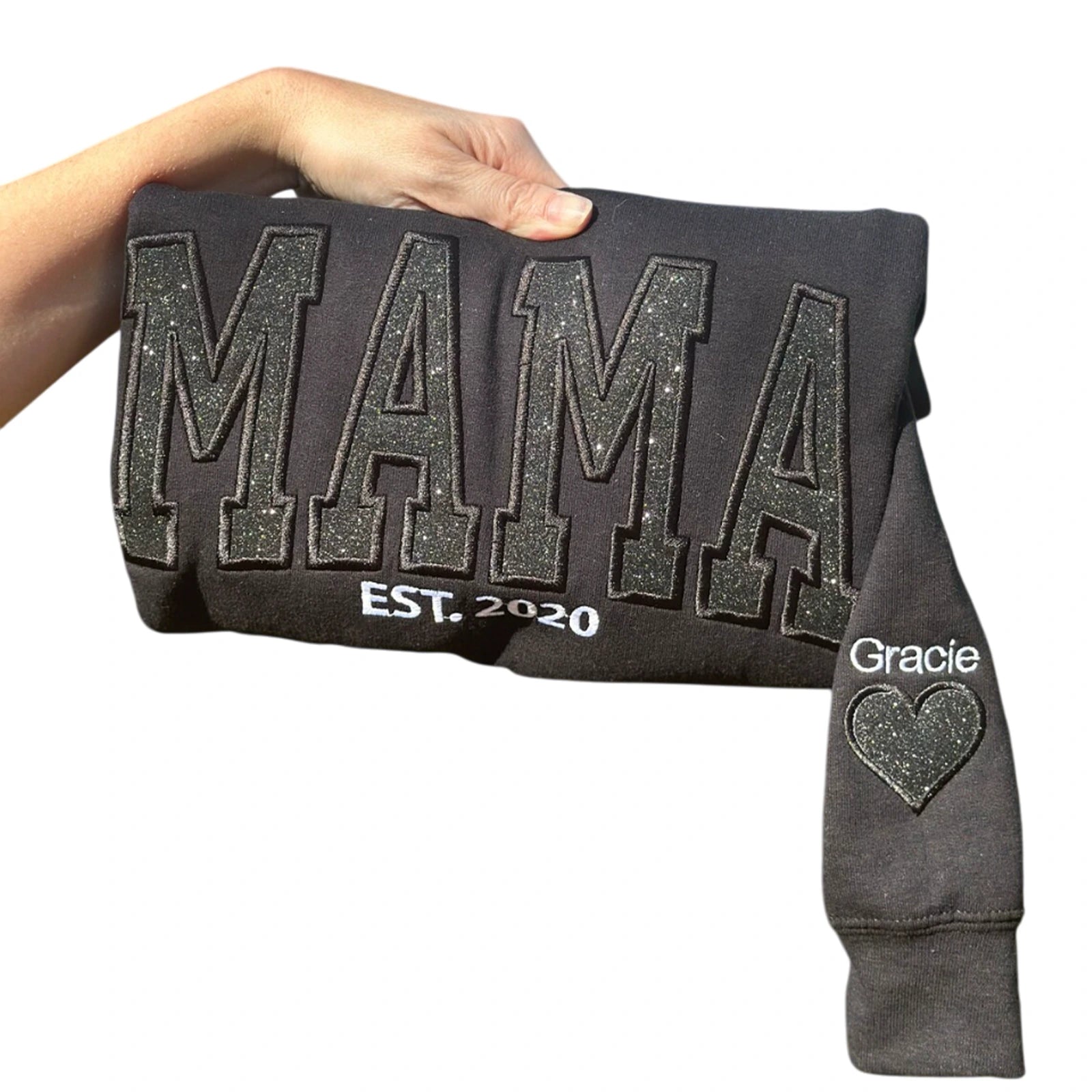 Front view of Embroidered Mama Sweatshirt with kids’ names on sleeves