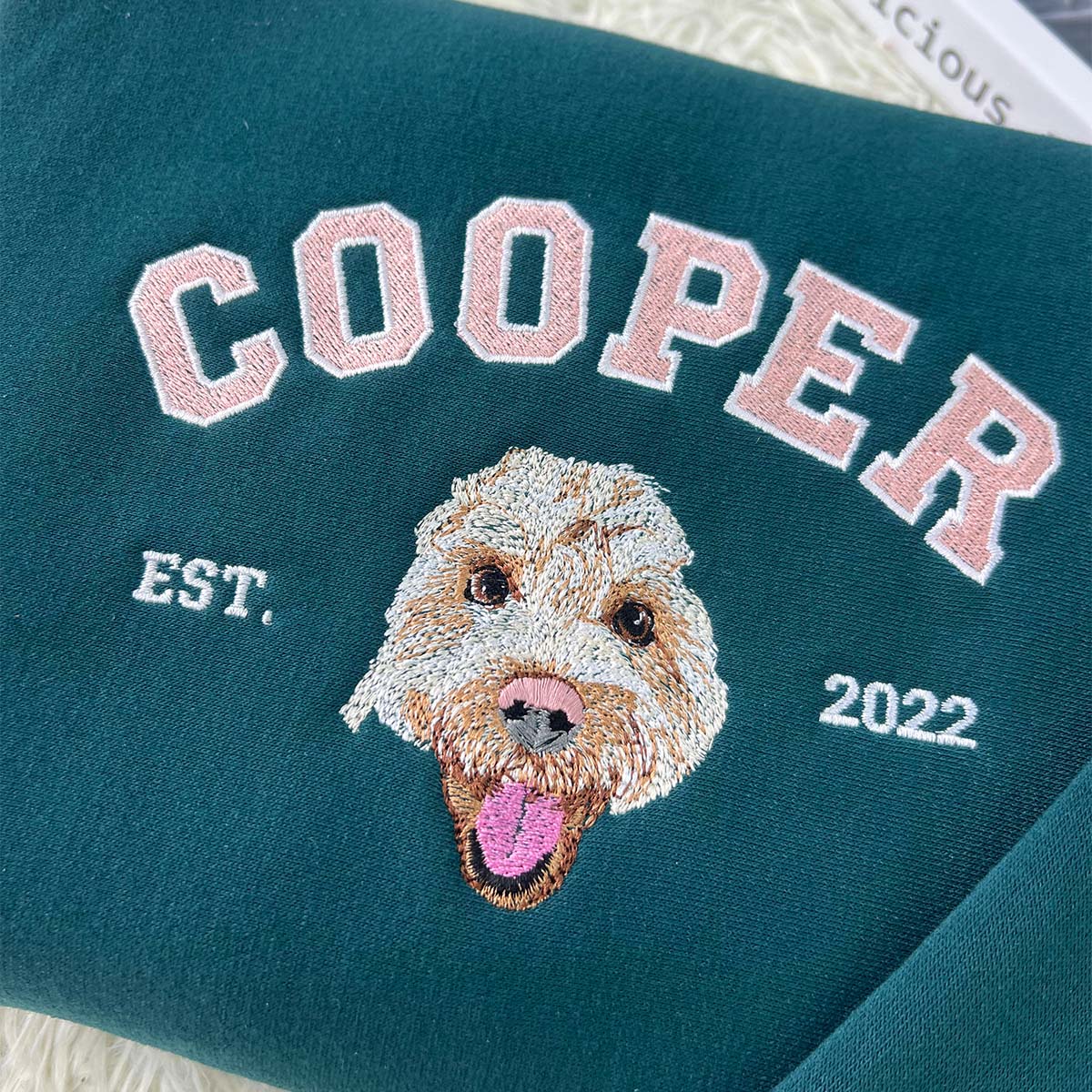 Matching pet and owner sweatshirts with custom pet embroidery.