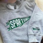 Custom embroidered sweatshirt with team name pennant design