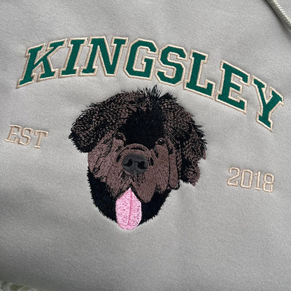 Custom embroidered pet portrait hoodie featuring personalized dog or cat design – perfect gift for pet lovers.