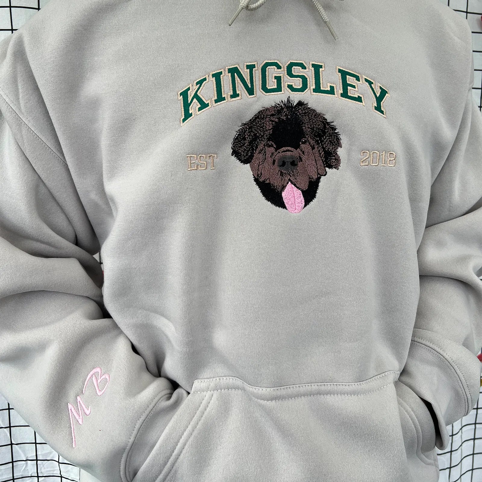 Custom embroidered pet portrait hoodie featuring personalized dog or cat design – perfect gift for pet lovers.