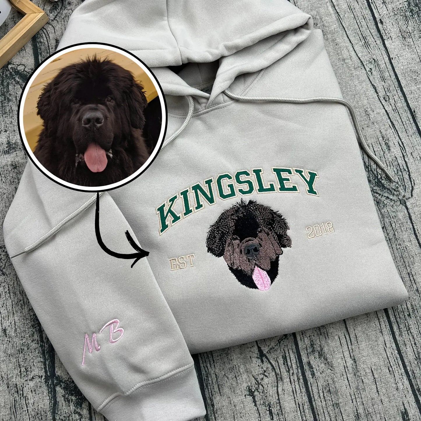 Custom embroidered pet portrait hoodie featuring personalized dog or cat design – perfect gift for pet lovers.