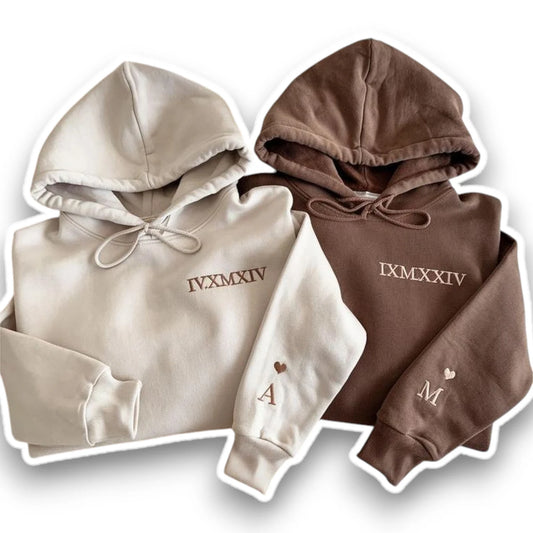 Embroidered Roman numeral hoodie, custom anniversary gift for couples.