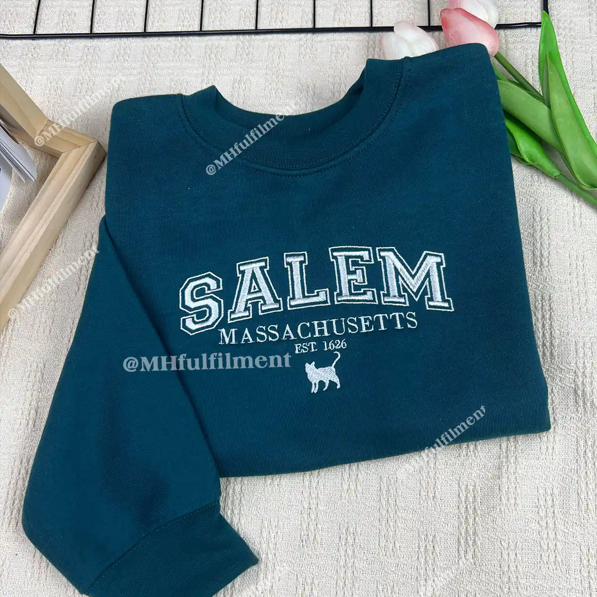 Cozy fall sweatshirt with Salem and witchy embroidery