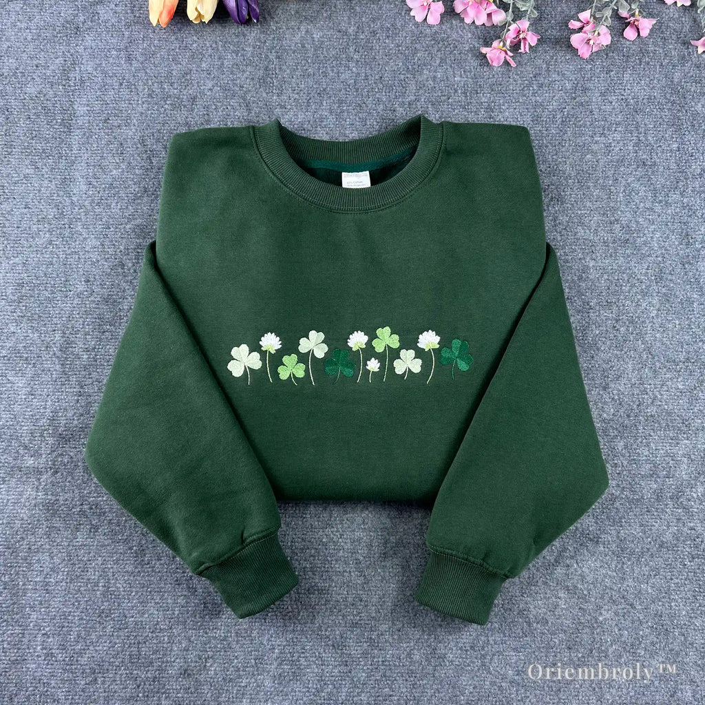 embroidered shamrock meadow crewneck st patricks day sweatshirt