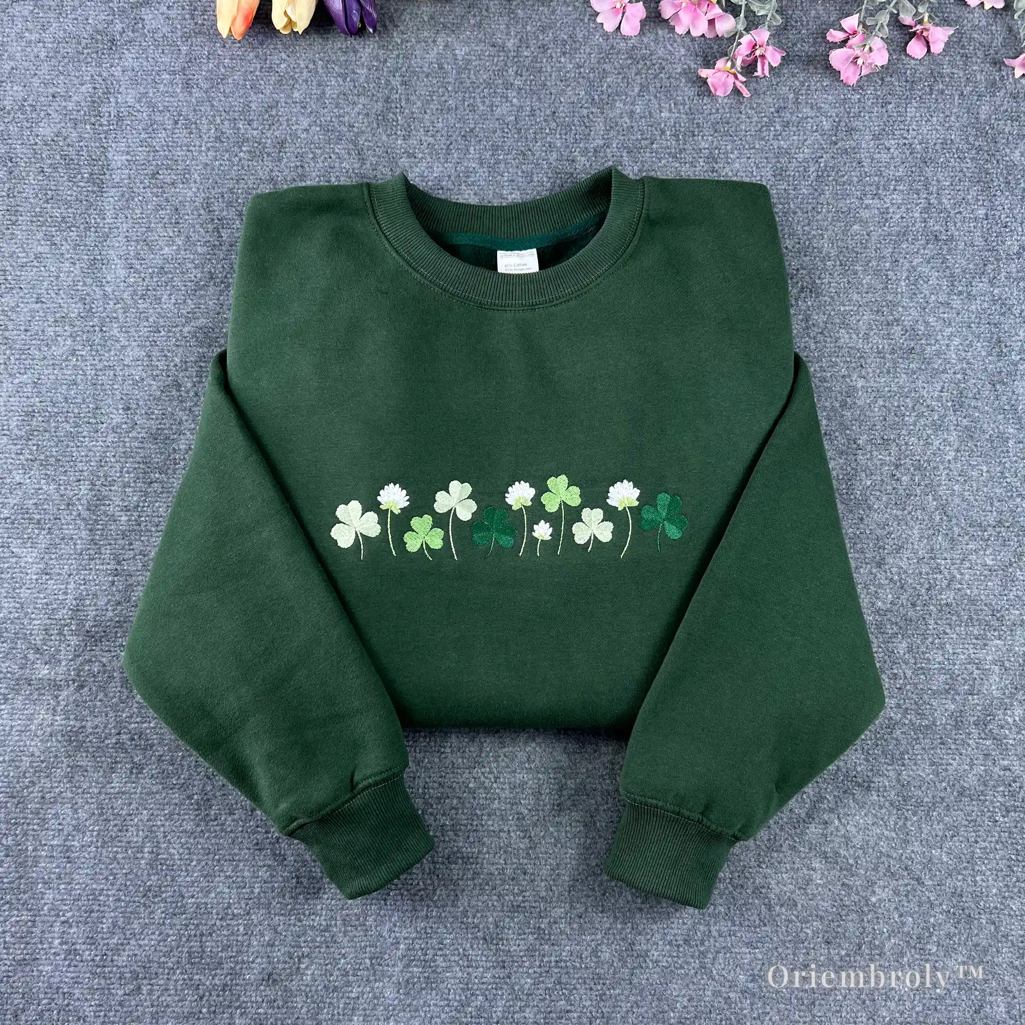 embroidered shamrock meadow crewneck st patricks day sweatshirt