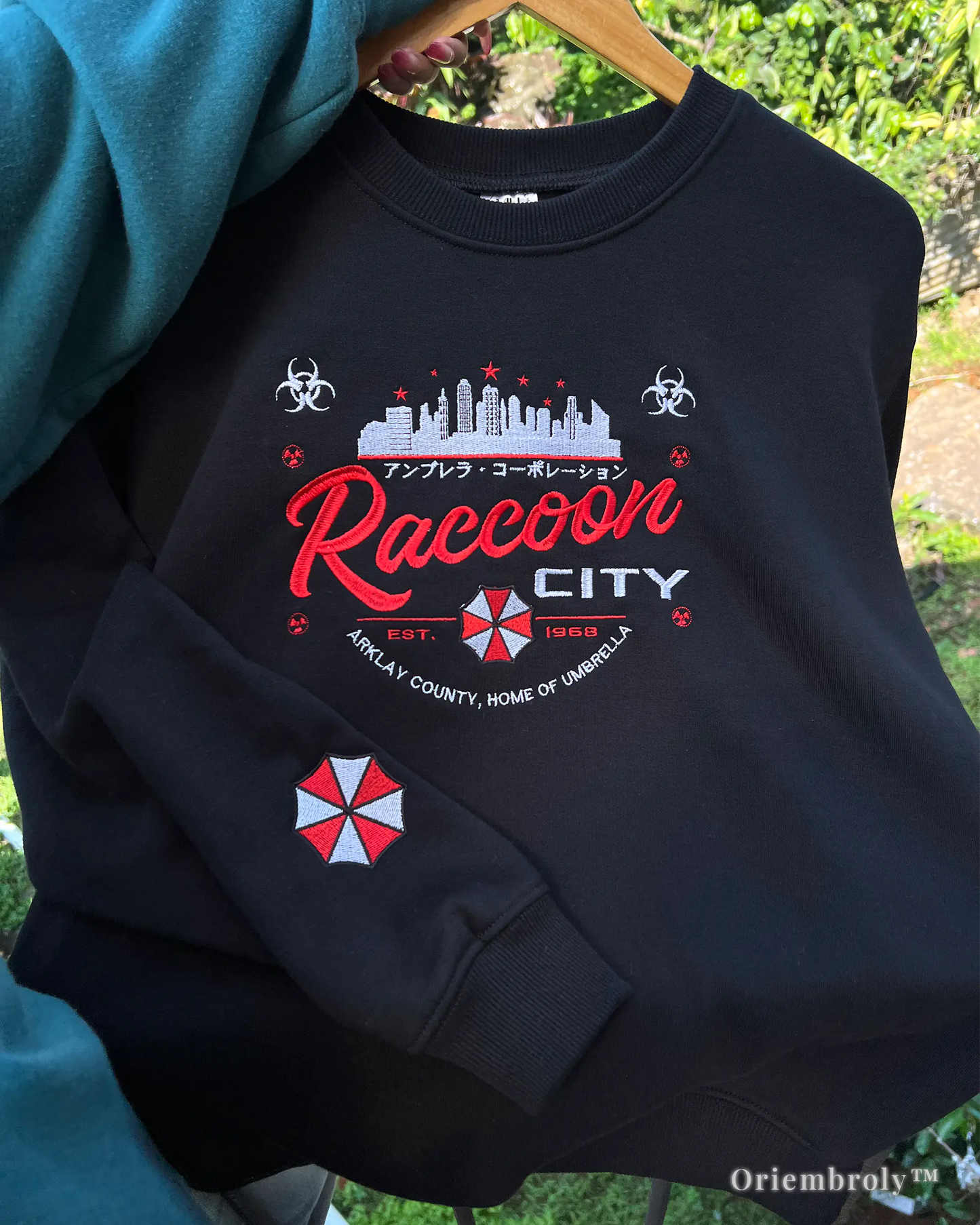 sleeve embroidery detail with biohazard symbol