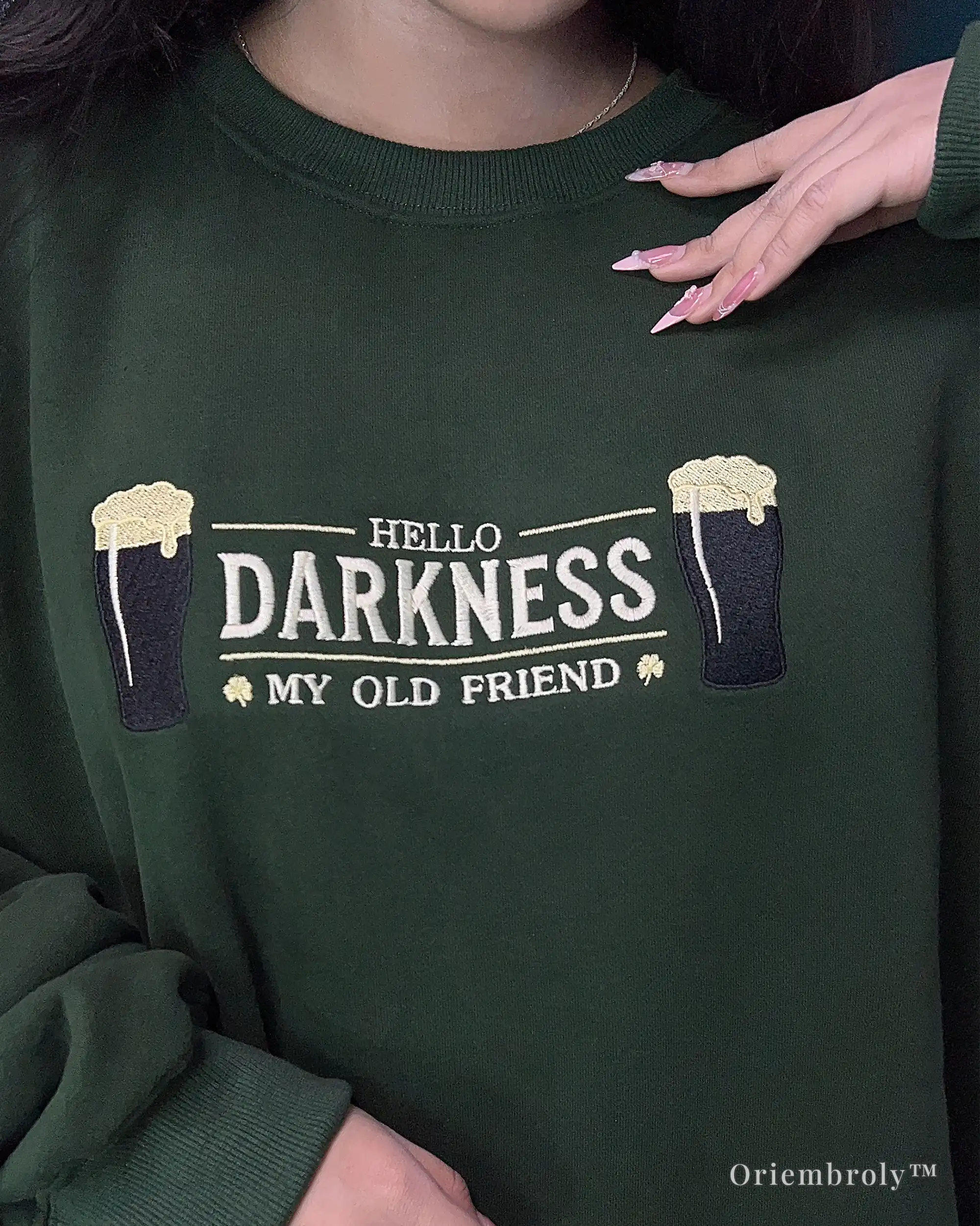 casual lifestyle photo wearing beer themed embroidered sweatshirt