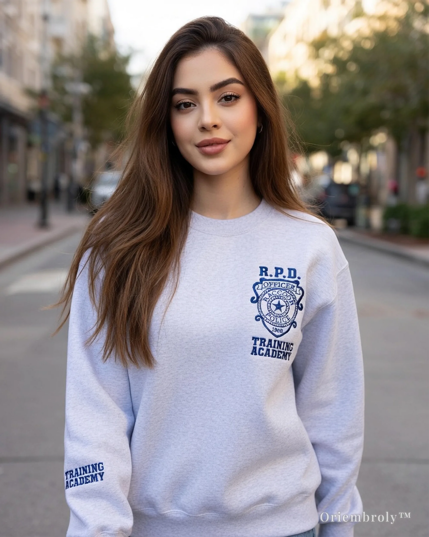model wearing tactical style embroidered sweatshirt