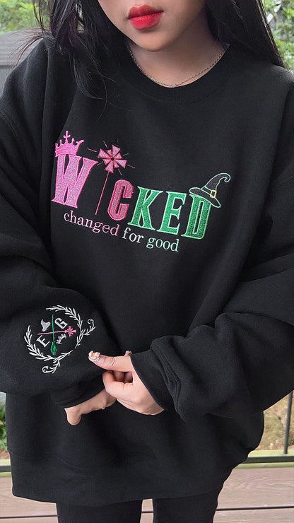 Embroidered Wicked sweatshirt with Elphaba and Glinda inspired design