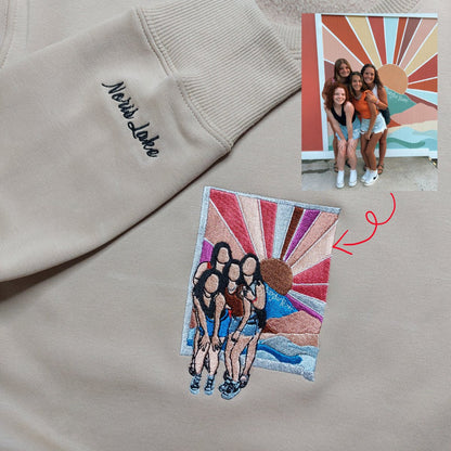 Embroidered picture design on a sweatshirt featuring a custom photo