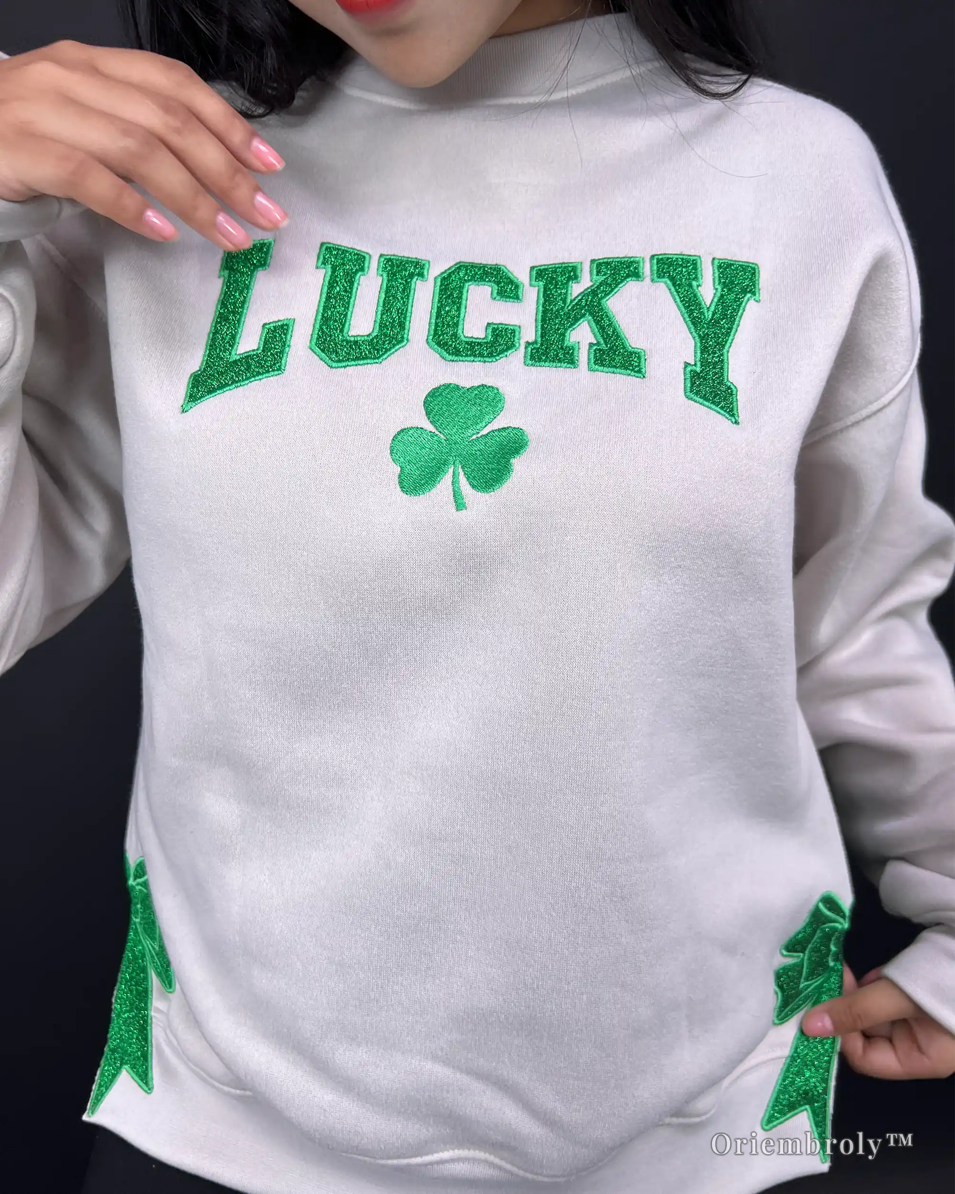 emerald green glitter texture embroidery on sweatshirt