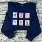 Emily Henry book-themed embroidered sweatshirt with stamp designs