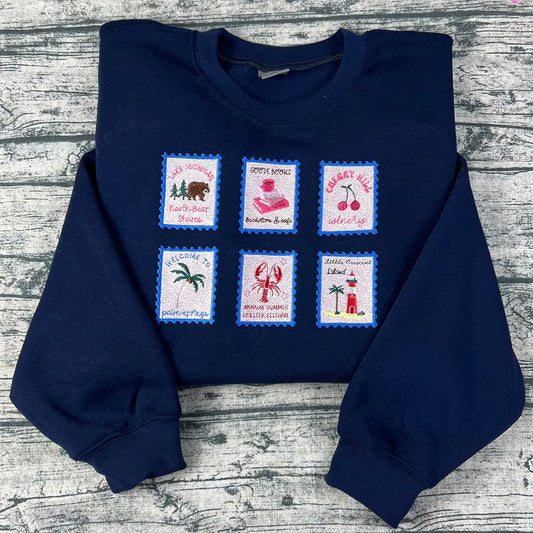 Emily Henry book-themed embroidered sweatshirt with stamp designs