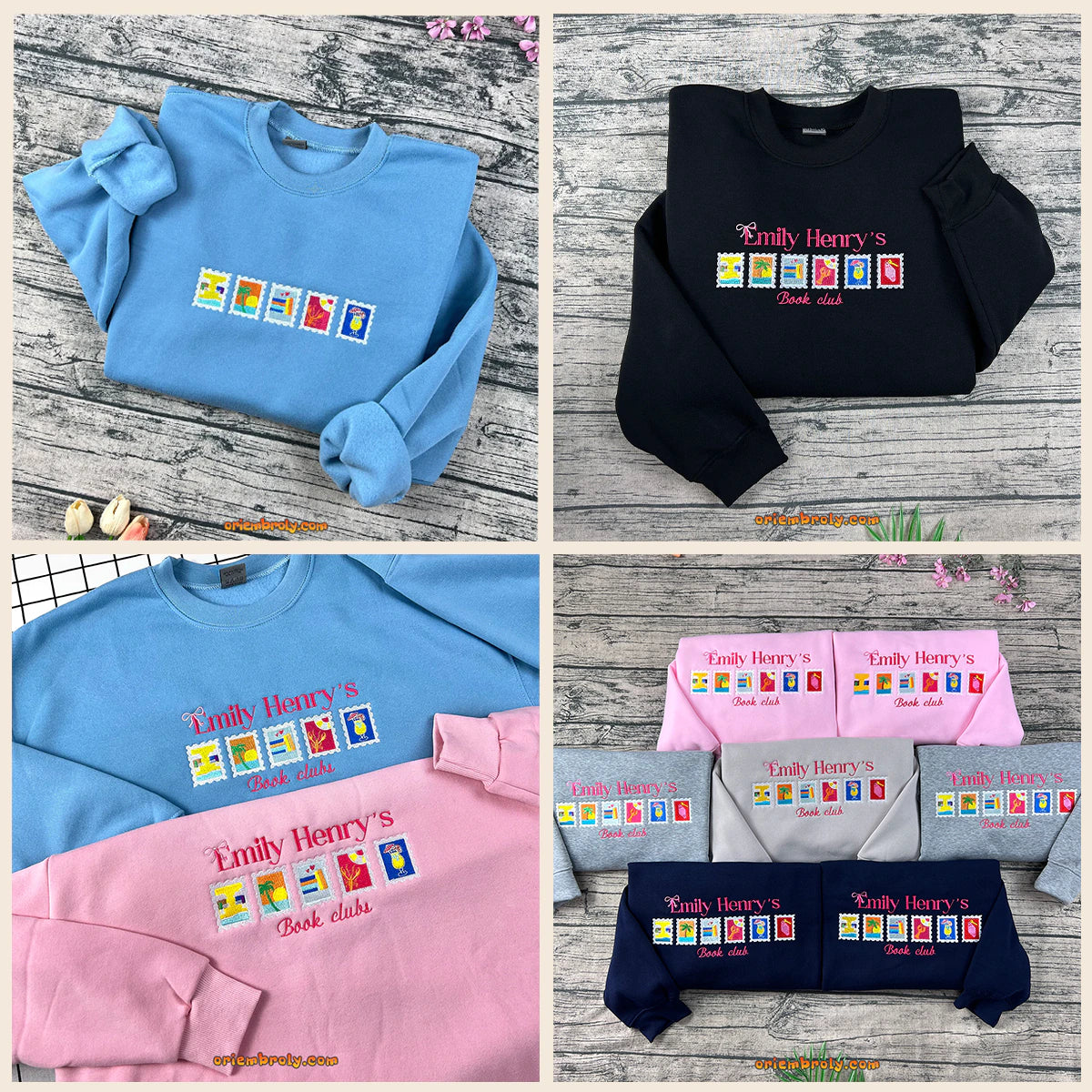 Emily Henry Stamps embroidered on cozy bookish sweatshirt  