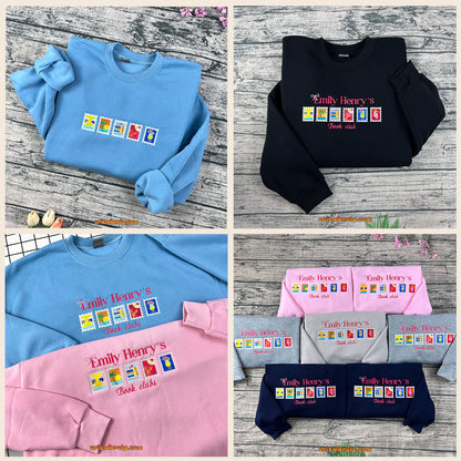 Emily Henry Stamps embroidered on cozy bookish sweatshirt  