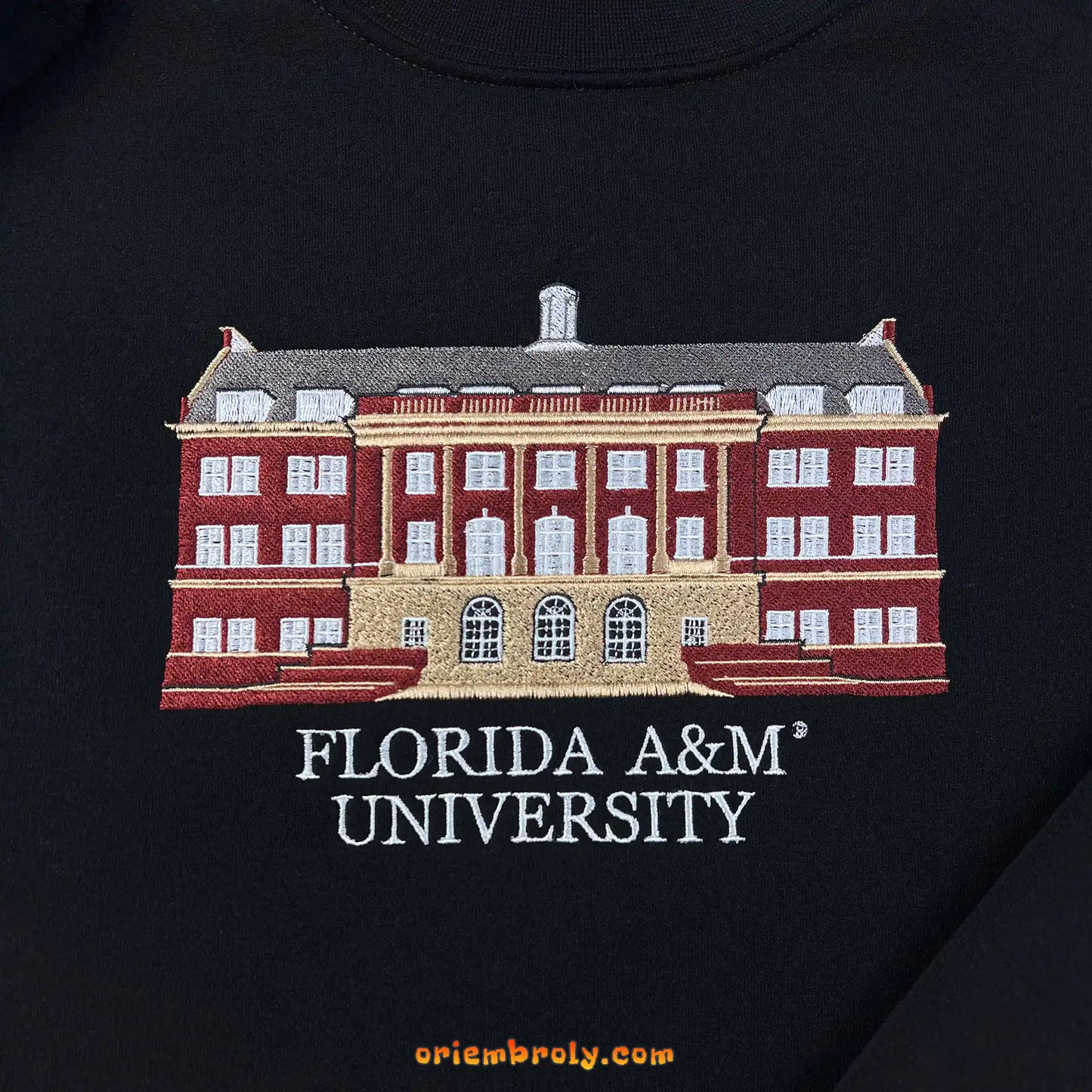 FAMU college sweatshirt with detailed campus embroidery