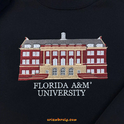 FAMU college sweatshirt with detailed campus embroidery