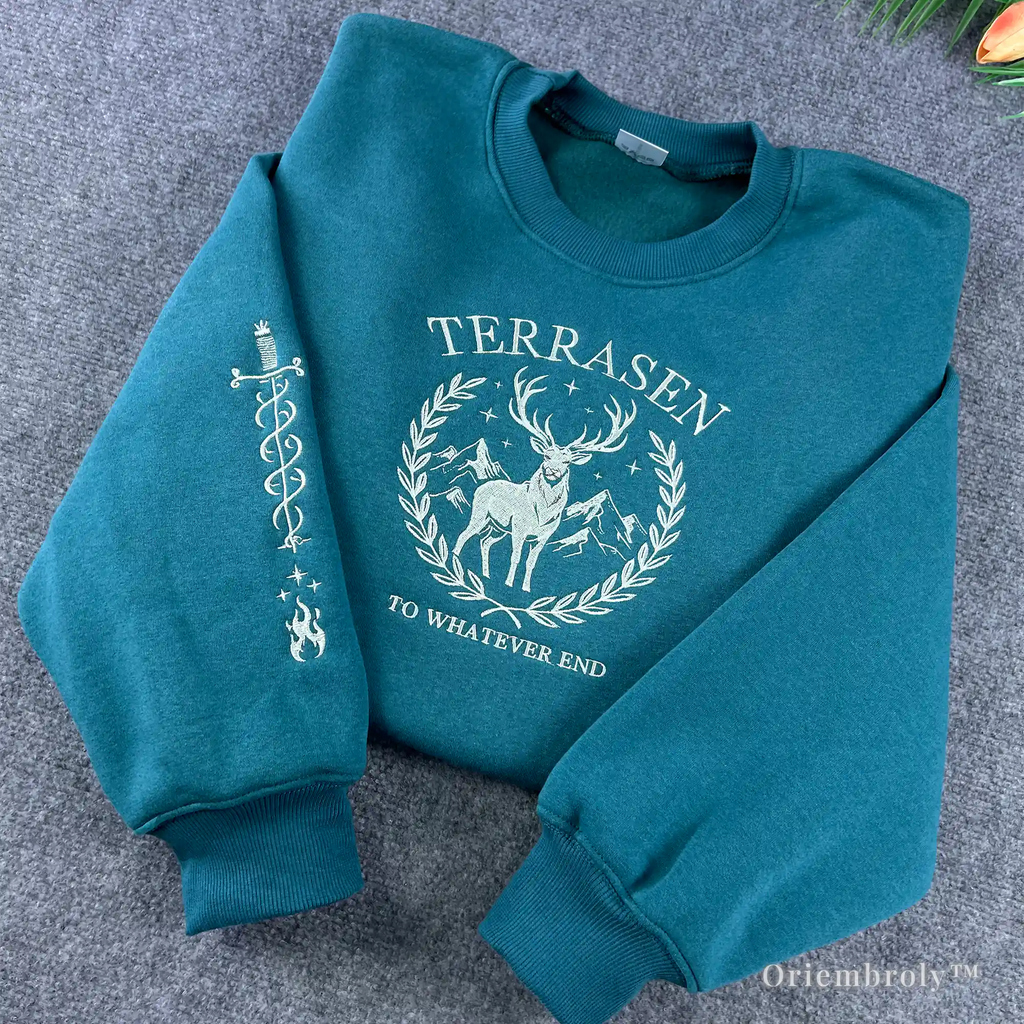 fantasy embroidered sweatshirt with sword and serpent sleeve