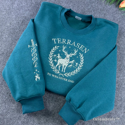 fantasy embroidered sweatshirt with sword and serpent sleeve