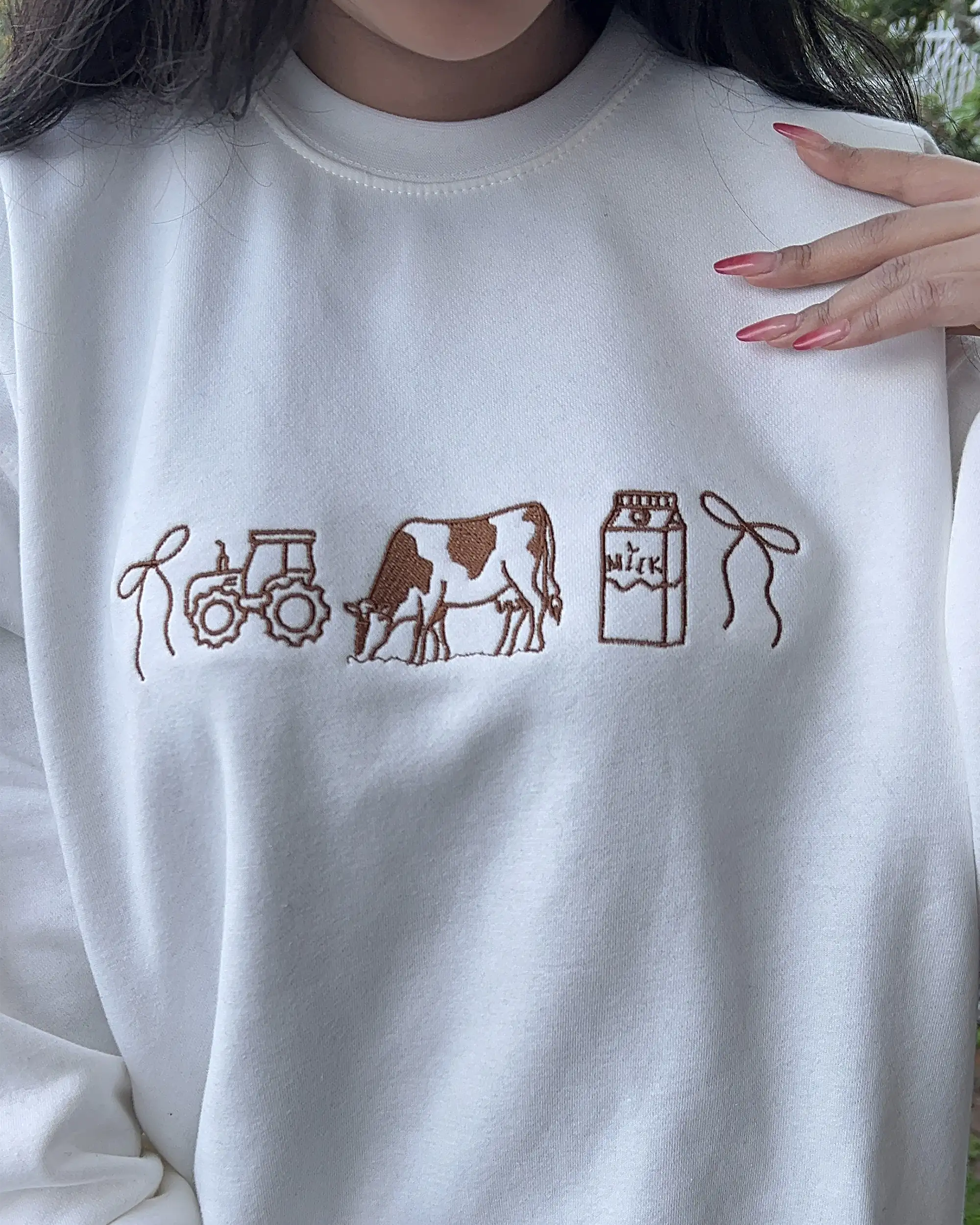 farm life sweatshirt with tractor cow and milk embroidery