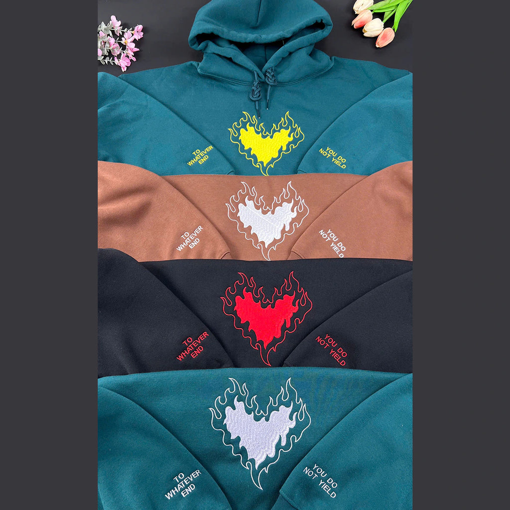 To Whatever End hoodie, Fireheart Lemon embroidered design, perfect Throne of Glass merch for book lovers and fantasy readers.