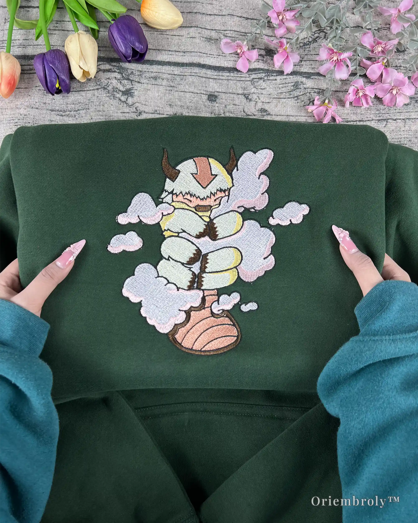 flying bison embroidered hoodie chest design closeup
