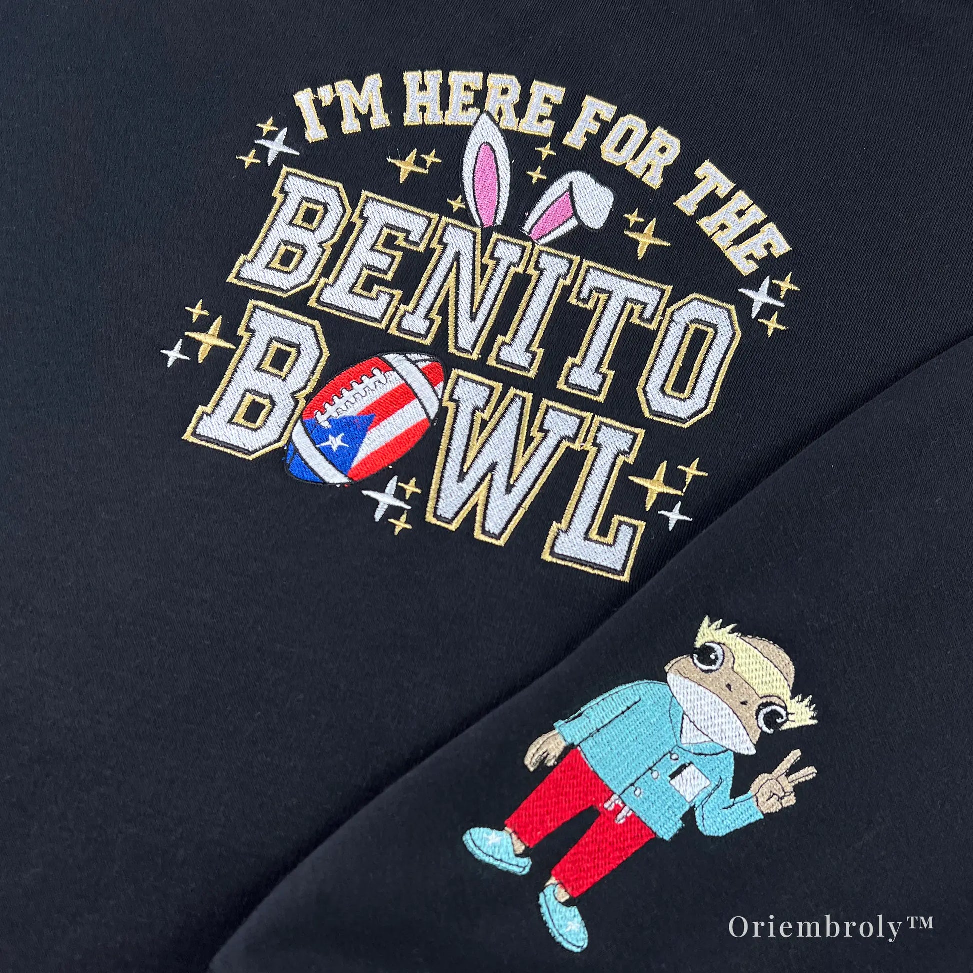 football embroidery replacing letter O on crewneck sweatshirt