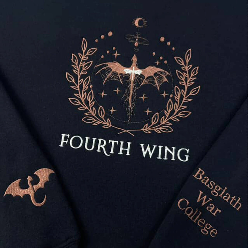 Black shirt with 'Fourth Wing' and 'Basgalth War College' text and dragon design.